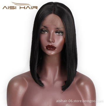 Aisi Hair 14 inch Short Bob Lace Frontal Black Wig Synthetic Hair Natural Front Lace Wig Straight Silky Wigs For Black Women